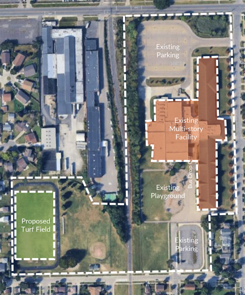 A satellite image showing McCollough-Unis School.