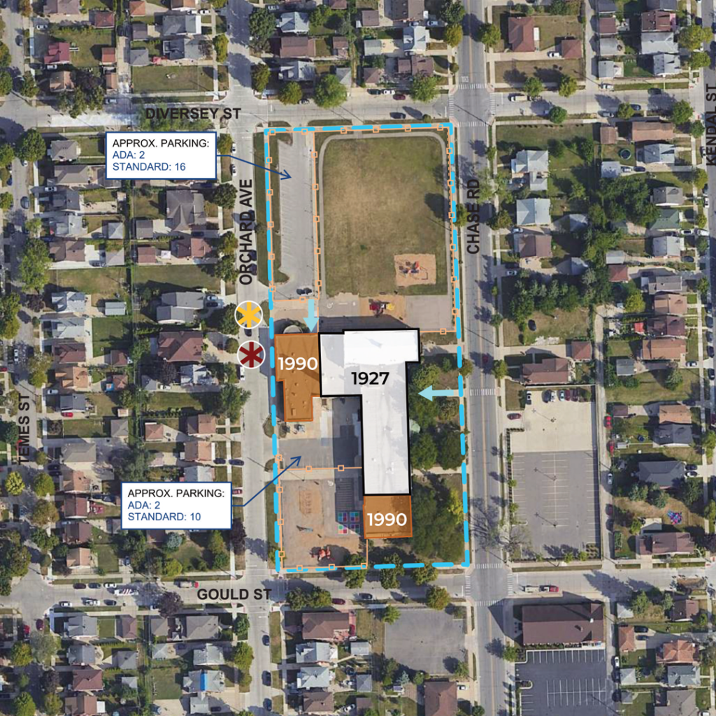 An illustration showing the years when different parts of Oakman Elementary were constructed including 1927 and 1990.
